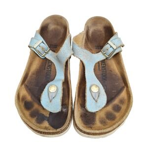 Birkenstock Distressed Light Blue Leather Thong Sandals Women's 7.5 Cork Footbed